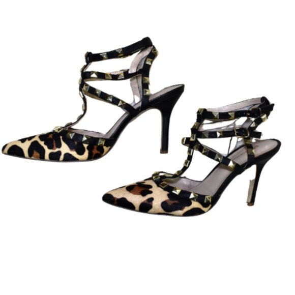 BCBG Darron Leopard Studded Strappy Stiletto Heels 7.5 Pointed Toe - Picture 1 of 11